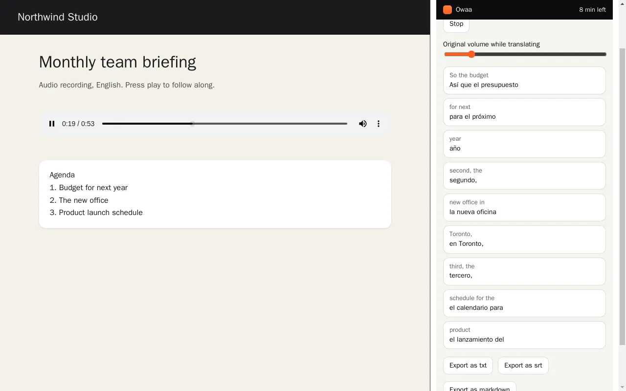 A longer bilingual transcript with export buttons.