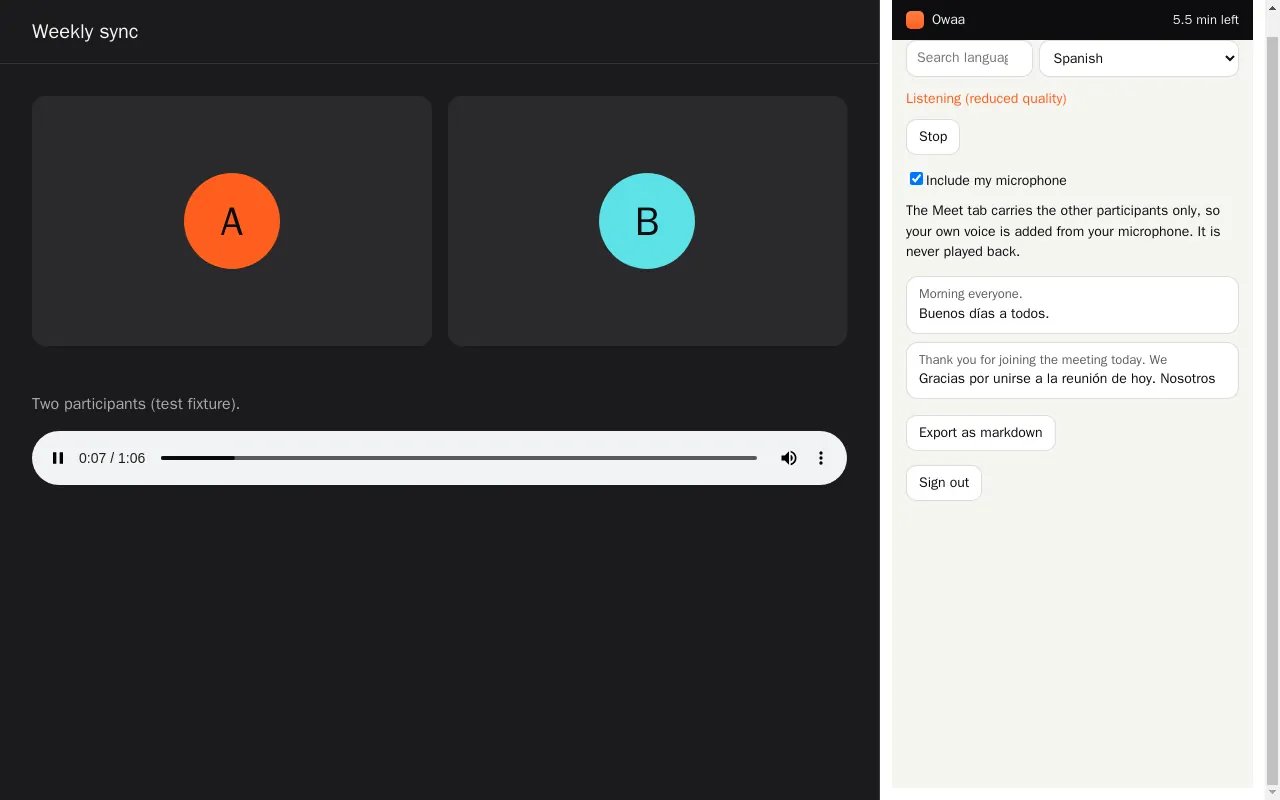 A live two-language transcript in the side panel.