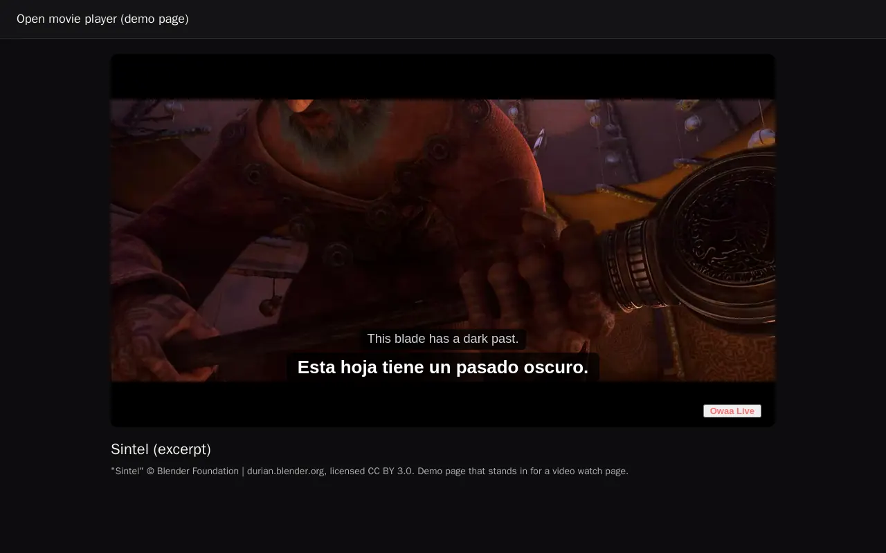 Live subtitles inside the player: the original line and its translation.