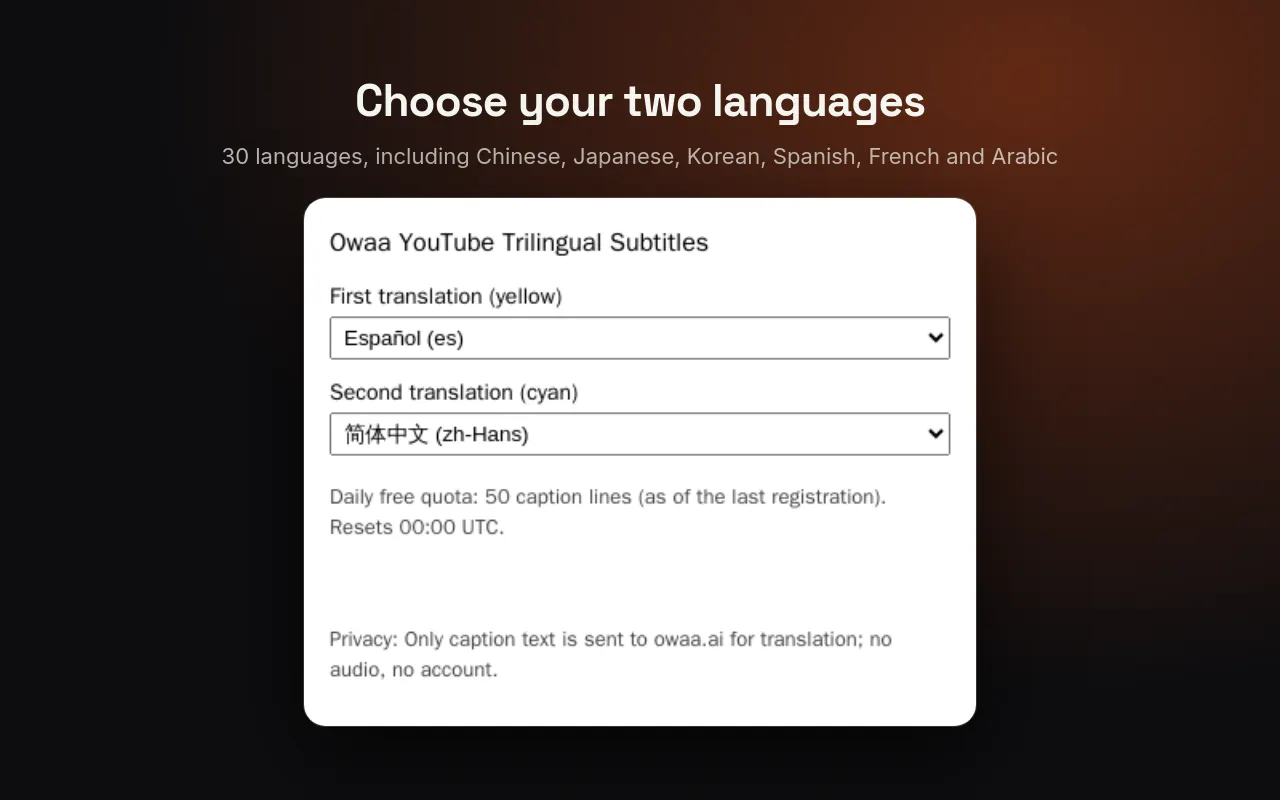 Choosing the two languages on the options page.